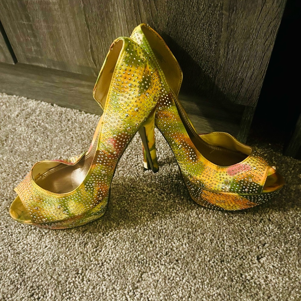 Vibrant Yellow and Green Peep-Toe Heels